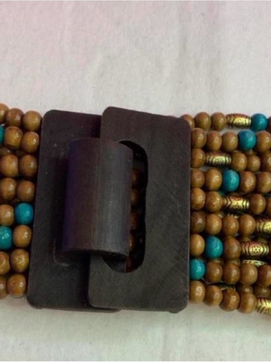 Accessories - Wood Beaded Multi-Strand Stretch Belt  with Turquoise Accents